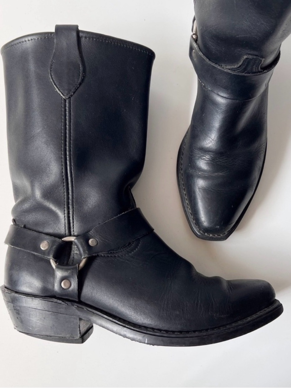 Vintage Harness Biker Boots 7.5 Womens Black Leather Moto Mid Calf Square Toe